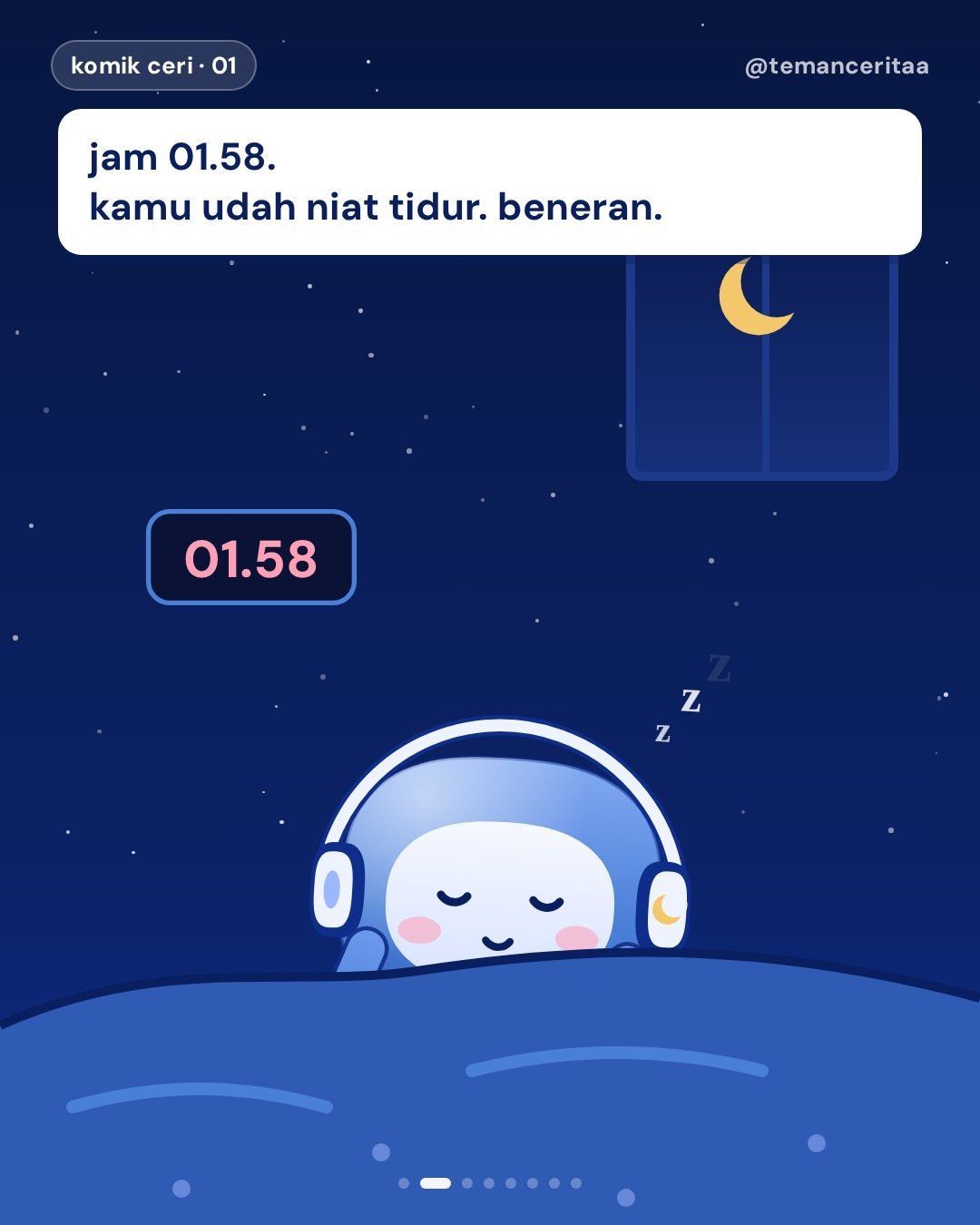 Kenalin, Si Ruwet: yang dateng tiap jam 2 pagi, panel 2: jam 01.58. kamu udah niat tidur. beneran.
