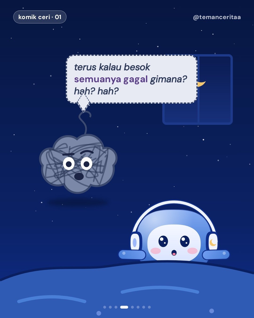 Kenalin, Si Ruwet: yang dateng tiap jam 2 pagi, panel 4: si ruwet: terus kalau besok semuanya gagal gimana? hah? hah?