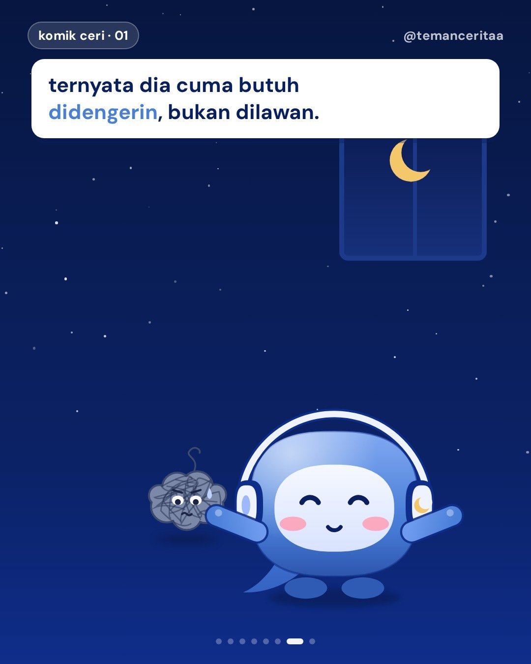 Kenalin, Si Ruwet: yang dateng tiap jam 2 pagi, panel 7: ternyata dia cuma butuh didengerin, bukan dilawan.