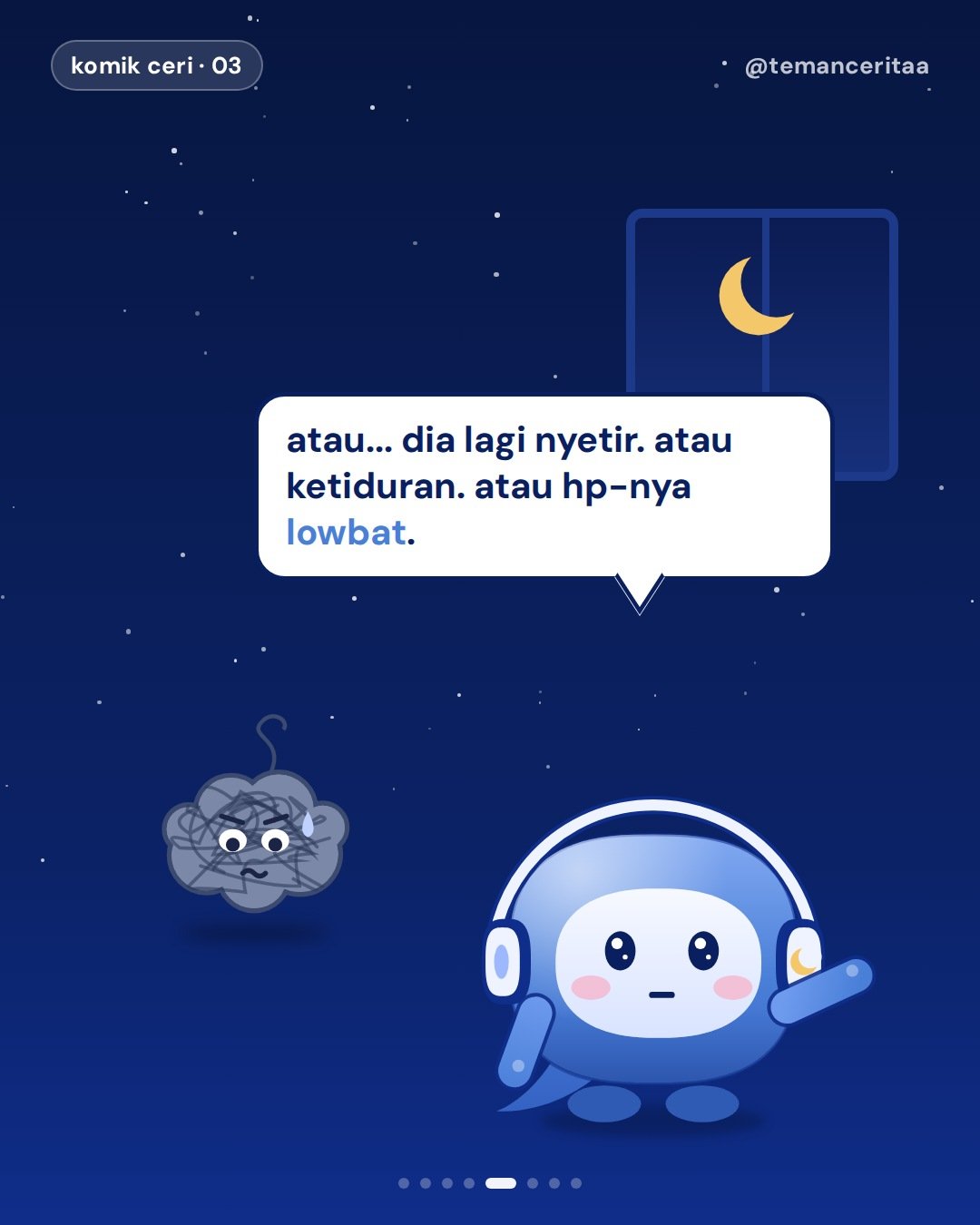 Chat cuma dibaca, Si Ruwet langsung lembur, panel 5: ceri: atau... dia lagi nyetir. atau ketiduran. atau hp-nya lowbat.