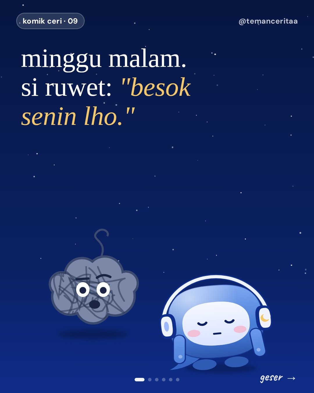 Minggu malam: Si Ruwet dan sunday scaries, panel 1: minggu malam. si ruwet: "besok senin lho."