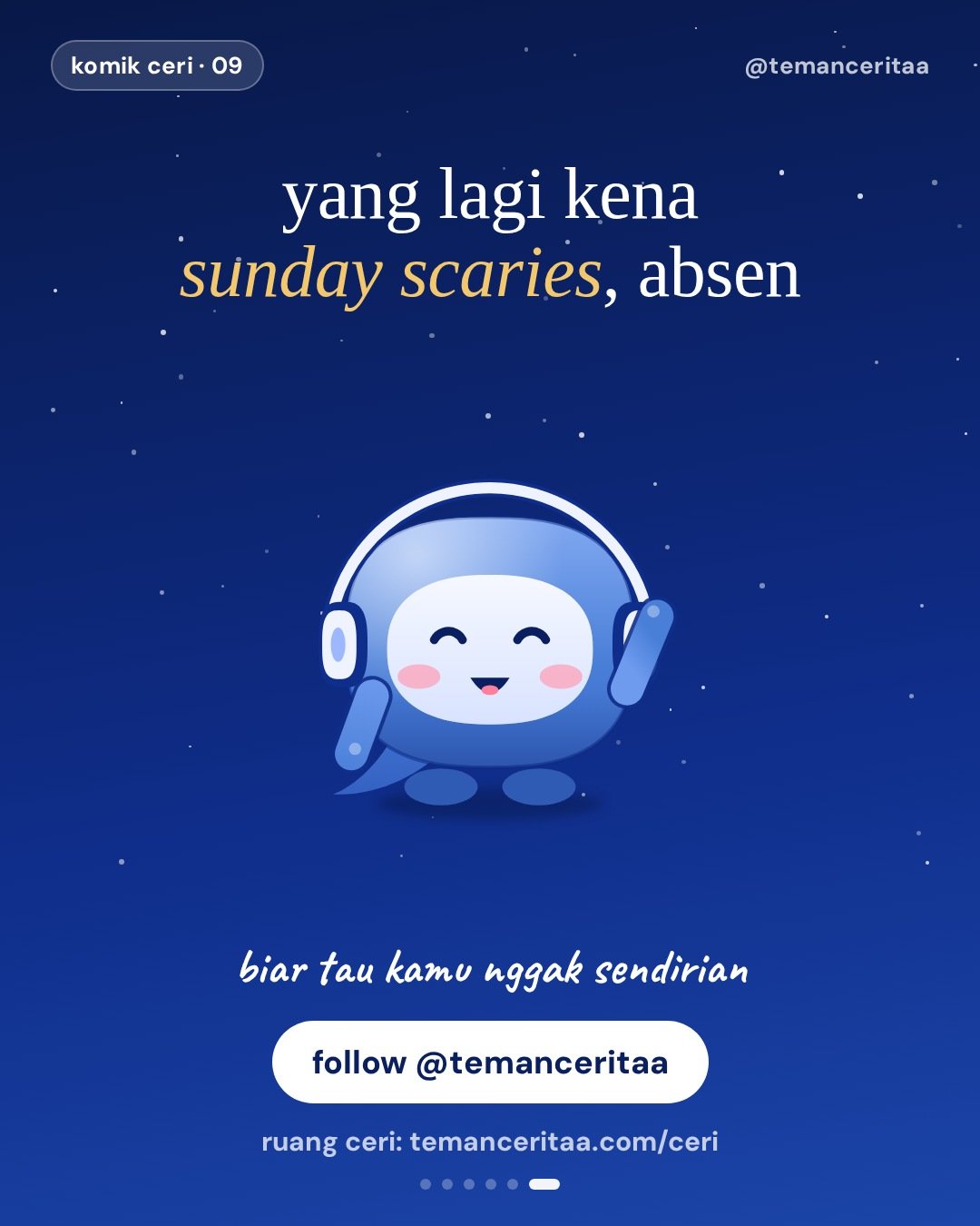 Minggu malam: Si Ruwet dan sunday scaries, panel 6: yang lagi kena sunday scaries, absen / biar tau kamu nggak sendirian